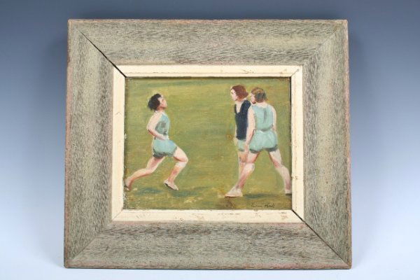 Finish Line Oil by Leon Kroll c. 20th C.: Finish Line showing 1 boy running and 2 boys waiting by twentieth-century American Realist painter Leon Kroll (1884-1975); oil on board, signed at bottom right. All wear track uniforms but lack distin