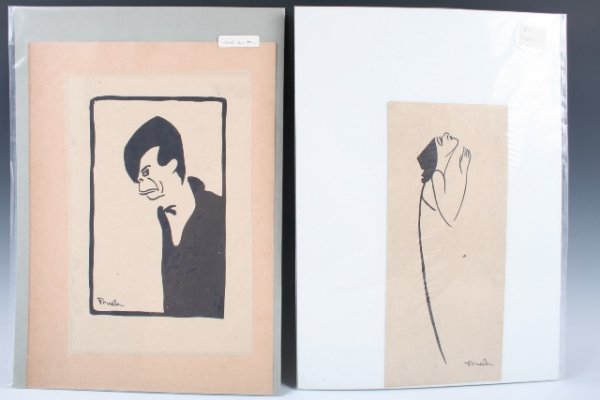 Frueh prints - Jacob Ben Ami & Alla Nazimova: Set of 2 caricatures of stage and film actors Jacob Ben Ami (1890-1977) and Alla Nazimova (1879-1945) by American artist Alfred J. Frueh (1880-1968), linocut on paper, c. 1922; signed. Frueh depicts 1