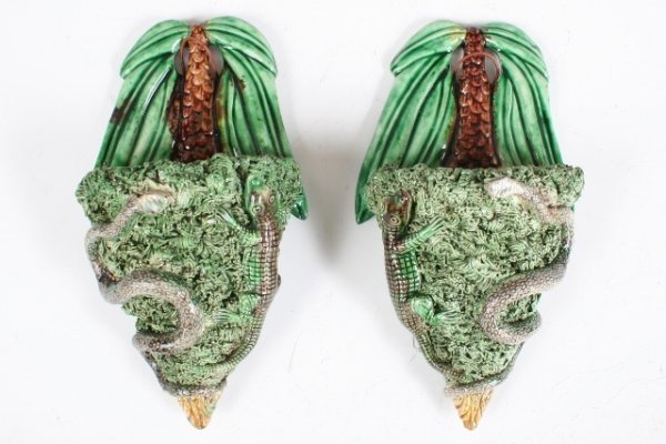 Pair of Mafra Palissy Ware Wall Pockets 19th C: Pair of Palissy ware wall pockets with palm trees, and snake and lizard figures on a "musgo" moss ground, Portugal c. mid nineteenth century; marked with Manuel Mafra impressed crown. Dimensions: Each