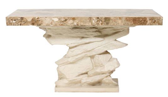 Emilio Terry Modern "Ledge Rock" Console Table: Emilio Terry (French, 1890 -1969) plaster rock-form console table with marble top, by Sirmos, circa 1970, designed circa 1927. 31" H x 41" W x 17.5" D.