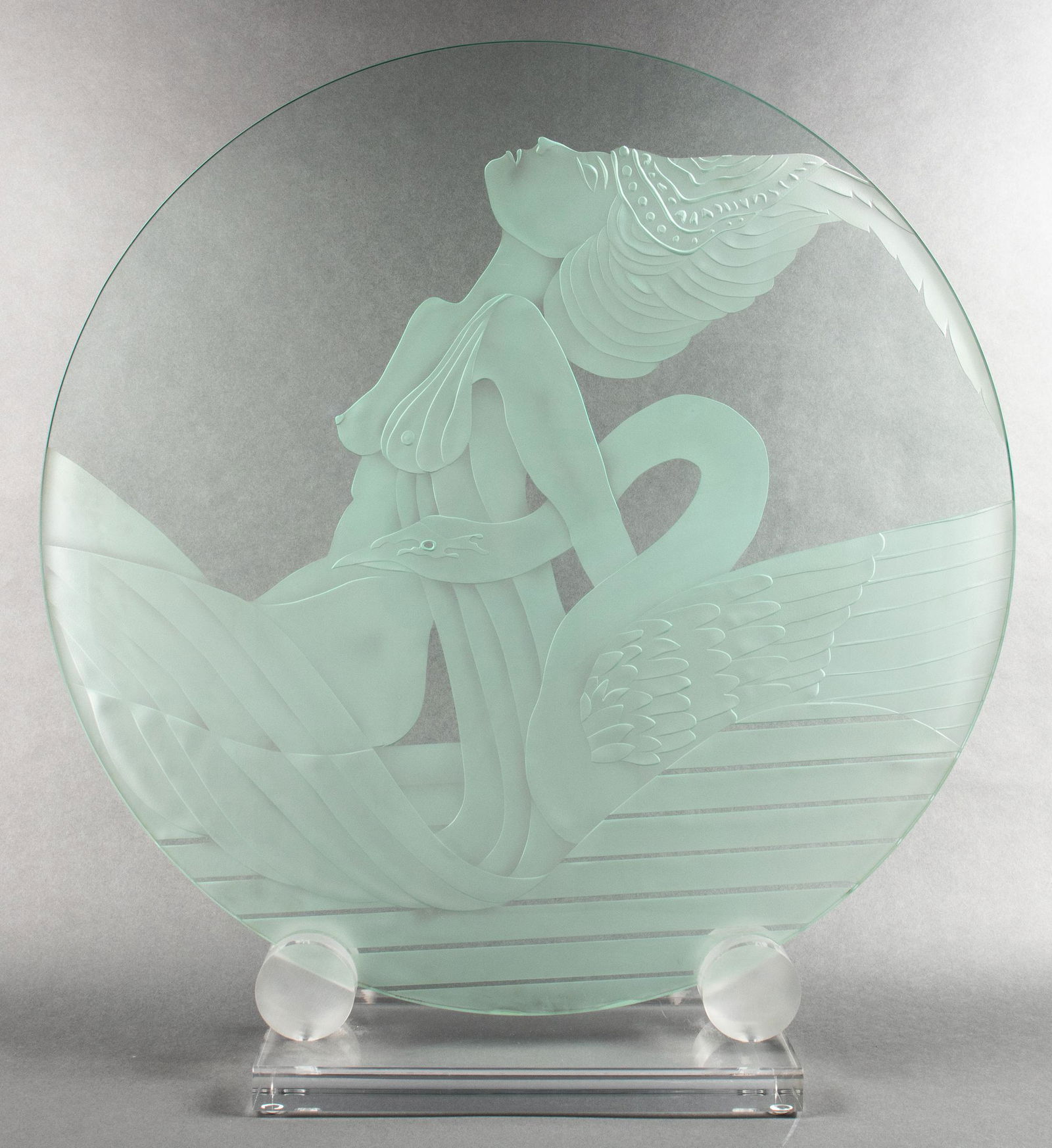 Art Deco Revival Art Glass "Mermaid" Fire Screen: Art Deco Revival art glass fire screen, in the style of Dennis Abbe, round form with etched portrait of mermaid with stylized drapery, with lucite / acrylic base. Screen: 30" diameter. Base: 4.25" H x