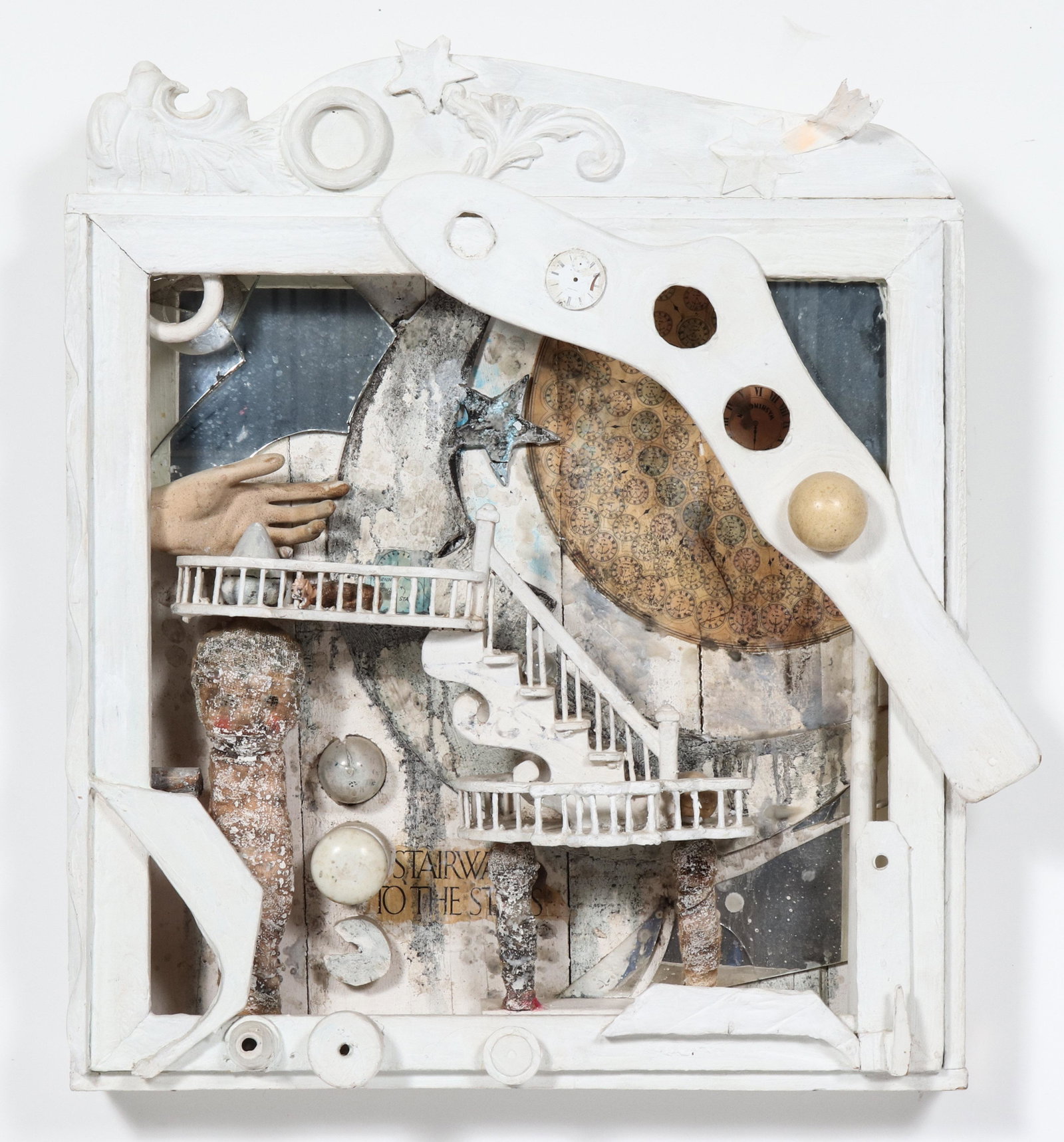 Patricia Nix "Stairway to the Stars" Diorama: Patricia Nix (American, b. 1938), "Stairway to the Stars," circa 1981, mixed media and white painted diorama of a surrealist interior, reverse with plaque "Stairway to the Stars - 1981 / Patricia Nix"