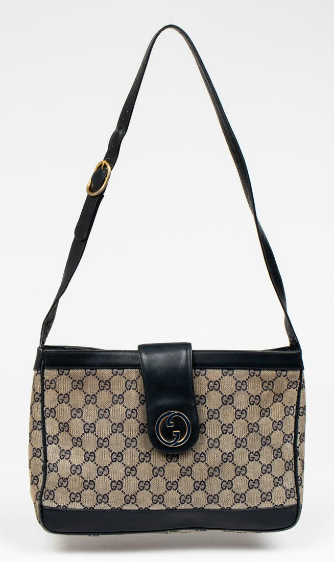 Gucci Navy Blue Leather And Canvas Handbag (1 of 10)