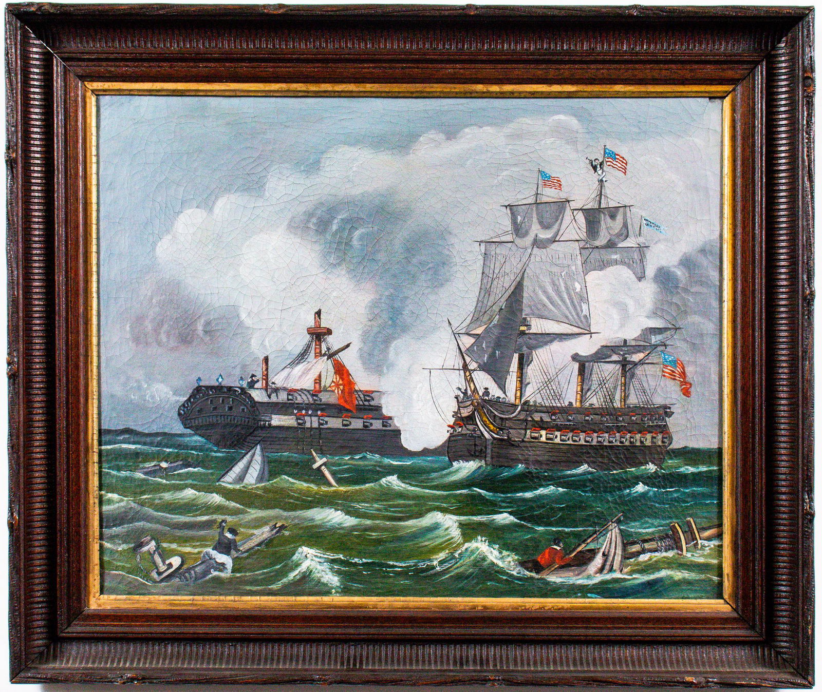 American Folk Art "Naval Battle" Oil on Canvas (1 of 5)