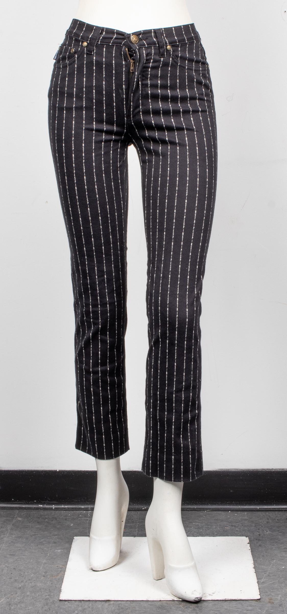 Moschino "Pin Stripes" Skinny Jeans, New W Tags: Moschino "Pin Stripes" skinny jeans, with overall striped pattern bearing words "Pin Stripes," dual front pockets with coin pocket, dual rear pockets, single buttoned zipper to front, with designer's 