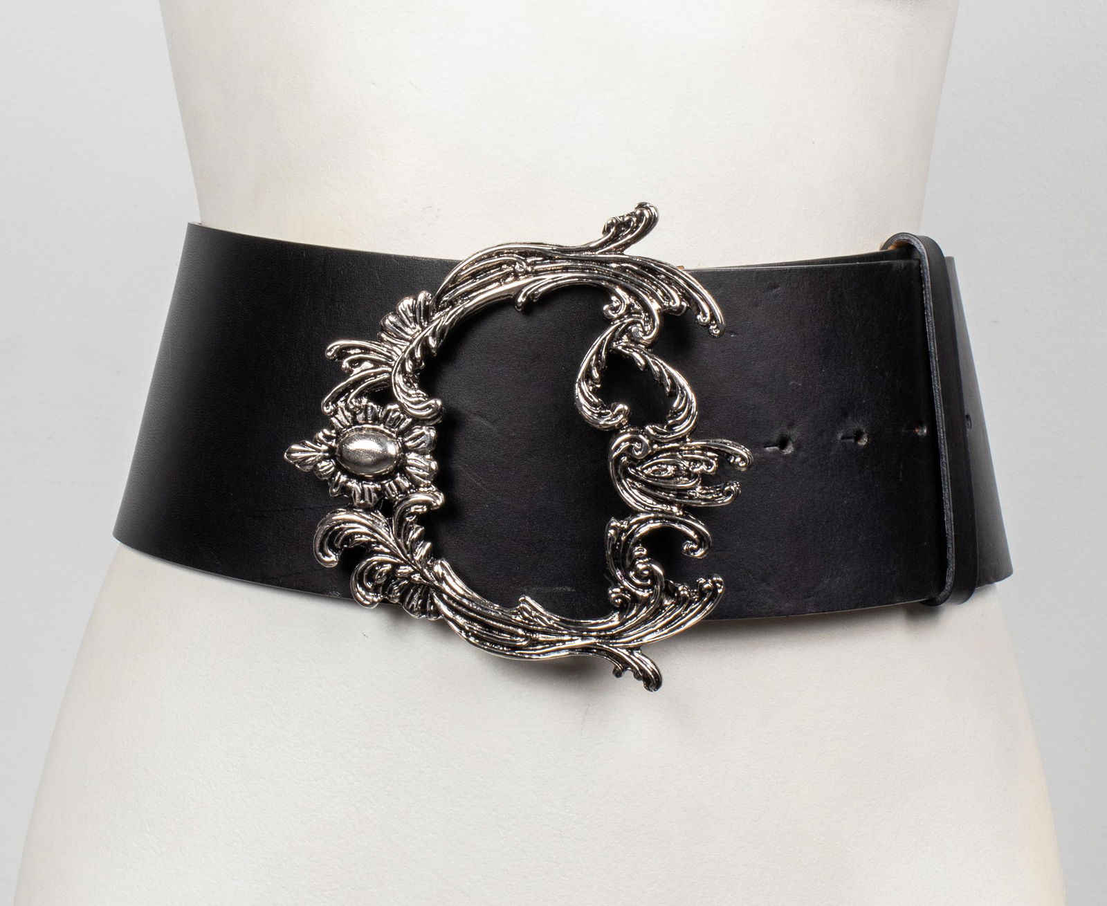 Etro Wide Leather Belt W Art Nouveau Motif Buckle: Etro wide leather belt with large silver-tone art nouveau motif buckle, marked "Etro Made in Italy 85," with original trademarked box. 40" L x 4" W.