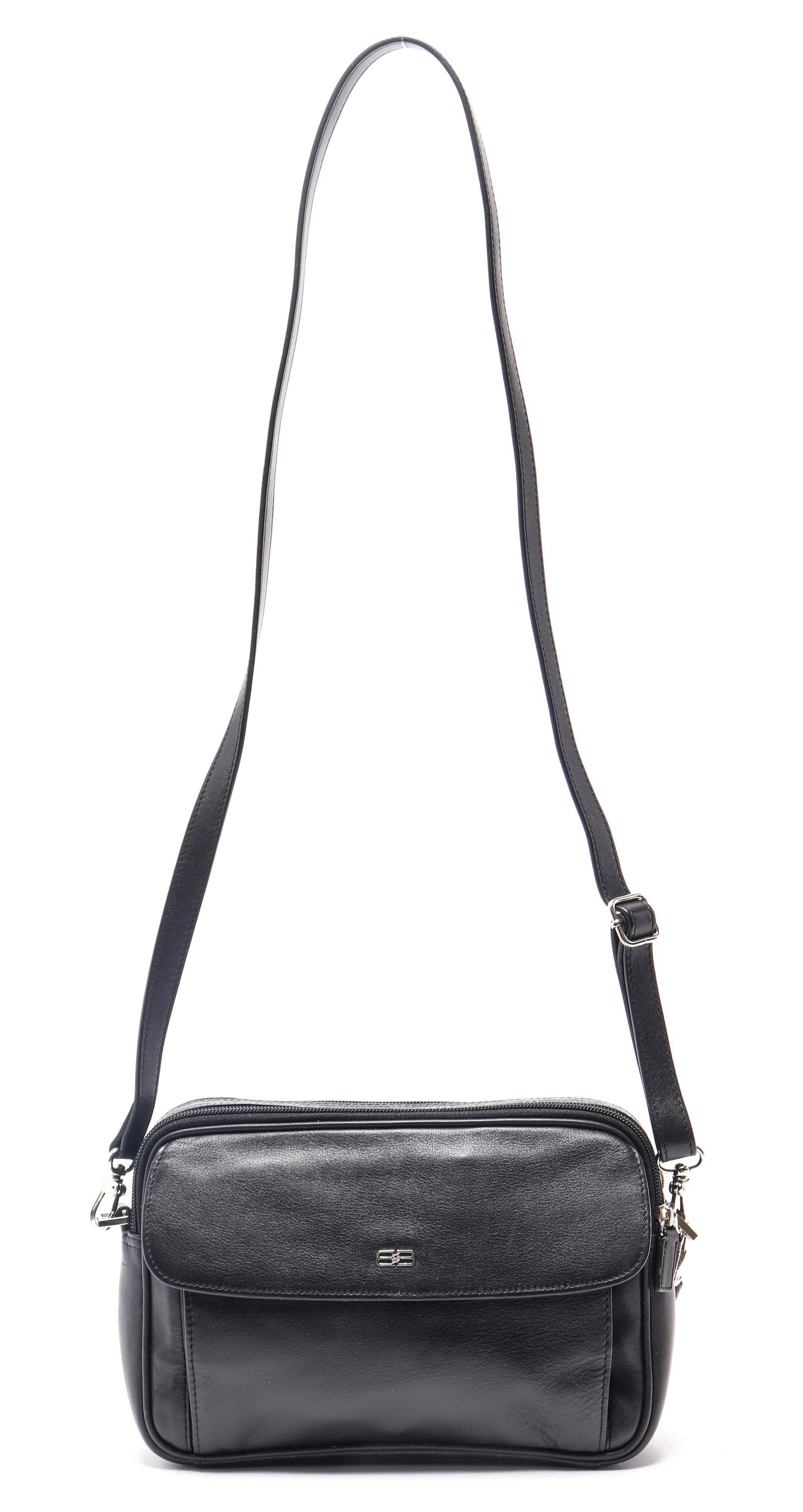 Balenciaga Black Leather Shoulder Bag: Balenciaga black leather shoulder bag, long black strap with silver-tone hardware, exterior with one zipper pocket and one snap pocket, two large zipper compartments with interior signed "Balenciaga P