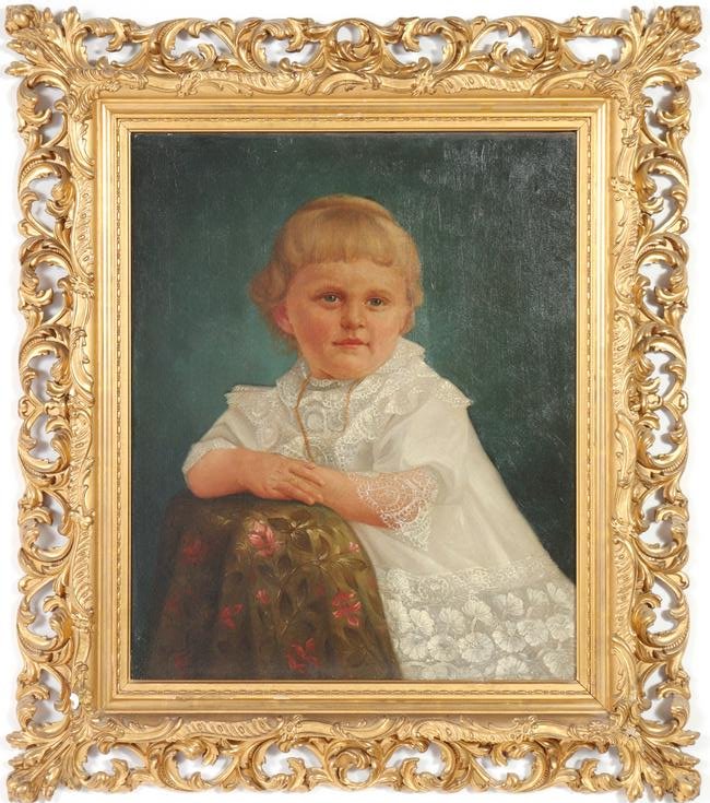 "Portrait of a Child" Oil on Canvas: Oil on canvas depicting young girl in white lace-trimmed dress leaning on table covered in floral drapery. Image: 22" H x 17.5" W; frame: 31" H x 27.75" W x 2.75" D. Minor frame rubbing lower left cor