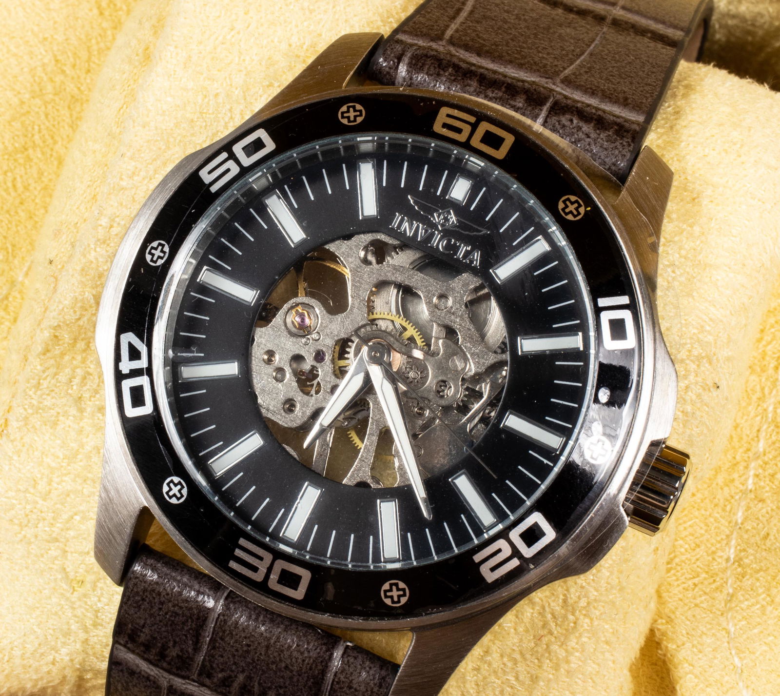 Invicta "Tritnite" Mechanical Watch, #17258: Invicta "Tritnite" stainless steel mechanical wristwatch, model number 17258, signed on dial and case reverse, leather strap, housed in trademarked box with user manual. Case: 44 mm.