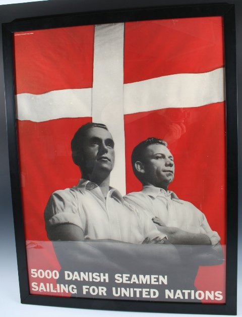 1950s Danish Sailors Poster Louise Dahl-Wolfe: Vintage1950s Constructivist-style poster 5000 DANISH SEAMEN / SAILING FOR UNITED NATIONS, with photography by Louise Dahl-Wolfe, color lithograph; mounted and framed.Dimensions: With frame 26"W x 34"H