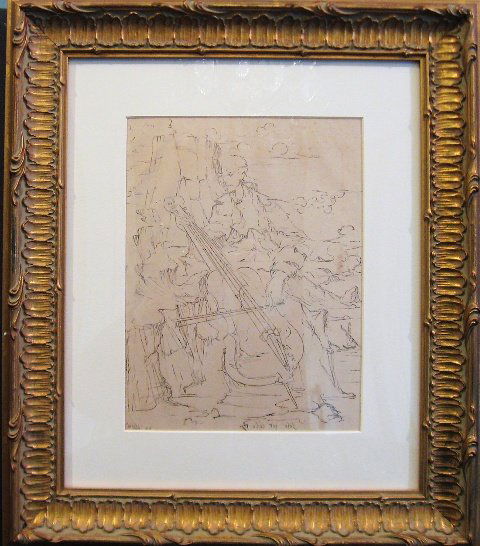 Solo Per Cello Ink by Corrado Cagli 1944: Solo Per Cello (Only for Cello) sketch 1944 by artist Corrado Cagli (1910-1976), ink on paper; marked on reverse Corrado Cagli / "Solo per Cello" / Esposizione 1909 / Galleria Dell'Obelisco / Via Sist