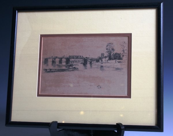 Whistler Etching 19th-20th C Signed w/Butterfly: Framed ink-on-paper or card etching by American-born, British-based artist James Abbott McNeill Whistler (1834-1903). Interesting river scene with a truss bridge and boats, late nineteenth or early tw