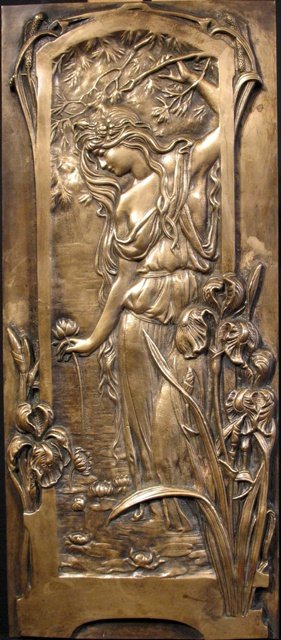French Nouveau Bronze Plaque Female Figure