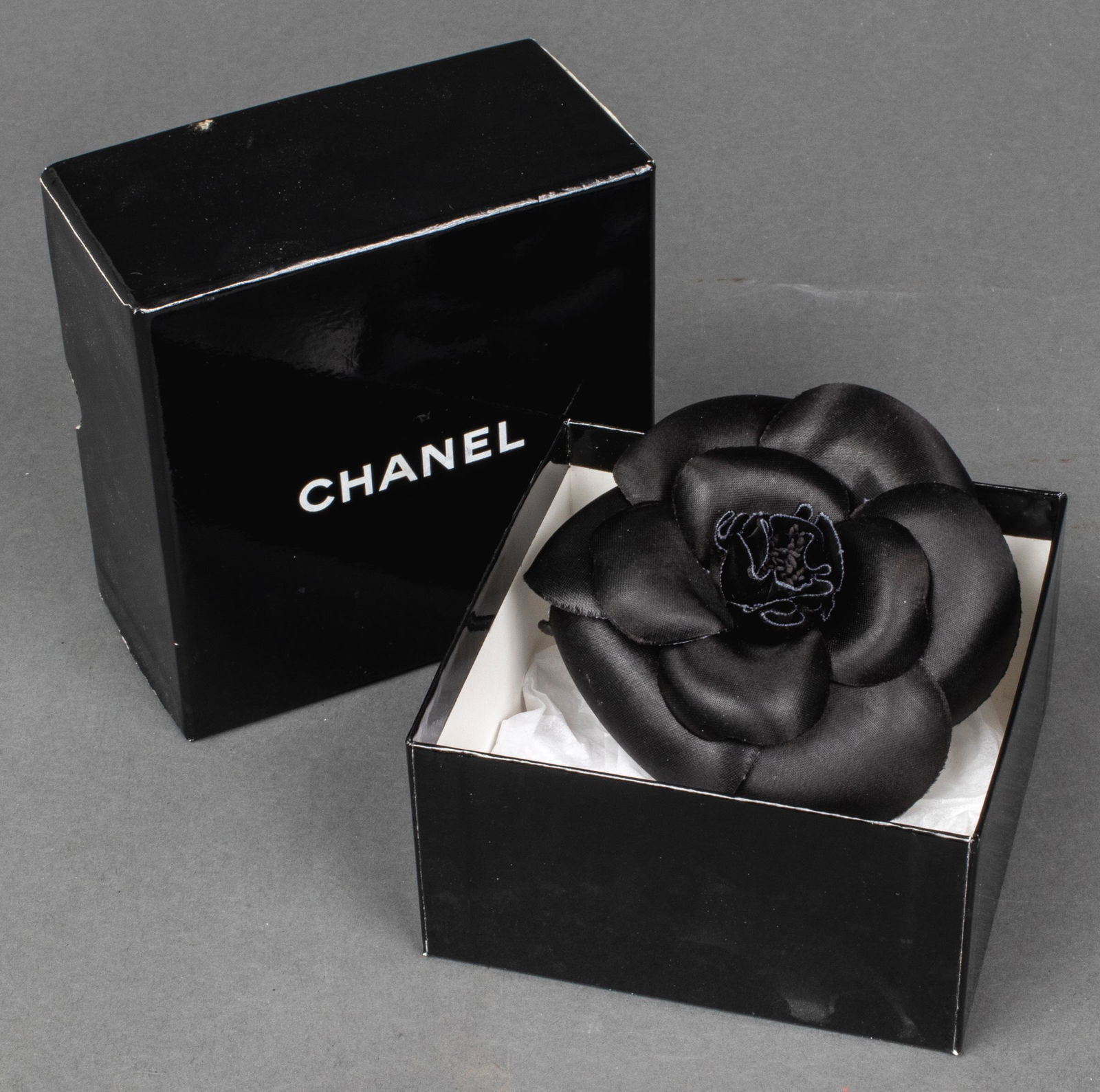 Chanel Black Silk Camellia Brooch (1 of 5)