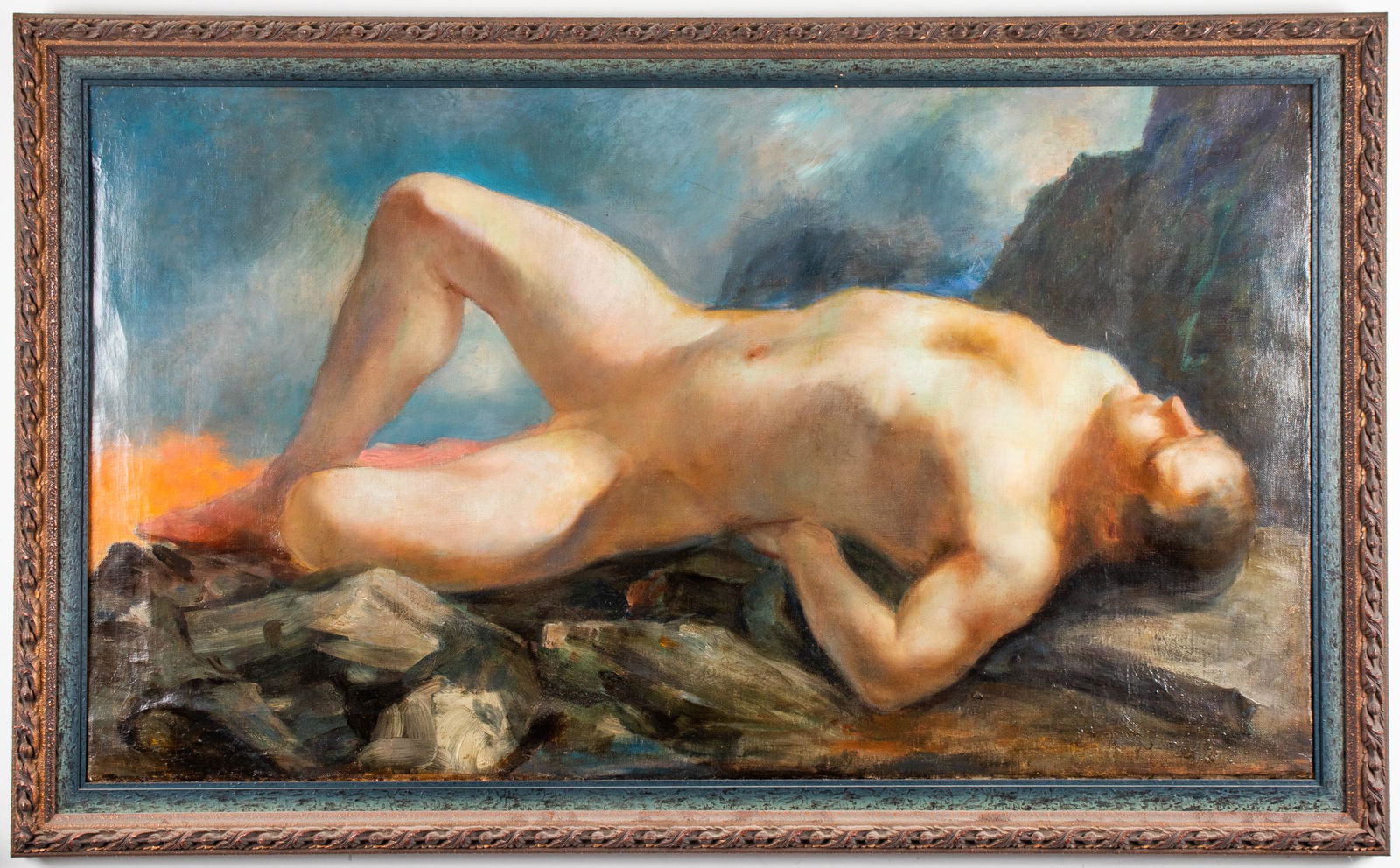 Illegibly Signed Reclining Male Nude Oil on Canvas: British School oil on canvas depicting reclining male nude on rocks with setting sun in the distance, in the style of William Etty, bearing faint illegible signature lower right. Image: 31" H x 55" W;