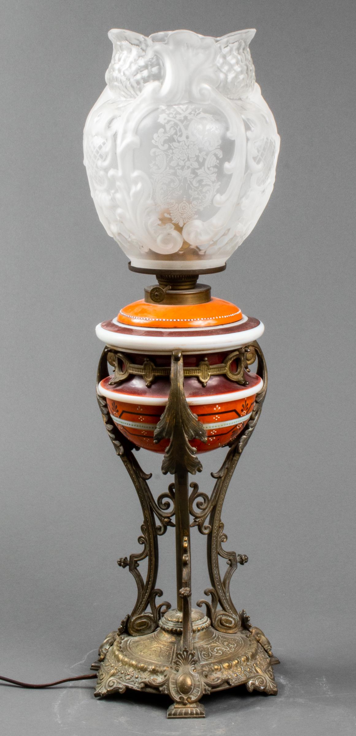 Renaissance Revival Glass And Brass Lamp: R. Ditmar Wien Renaissance Revival brass lamp, the central glass paint decorated and supported by a scrolling base, with etched frosted glass shade. 17.25” H to socket x 8” diameter.