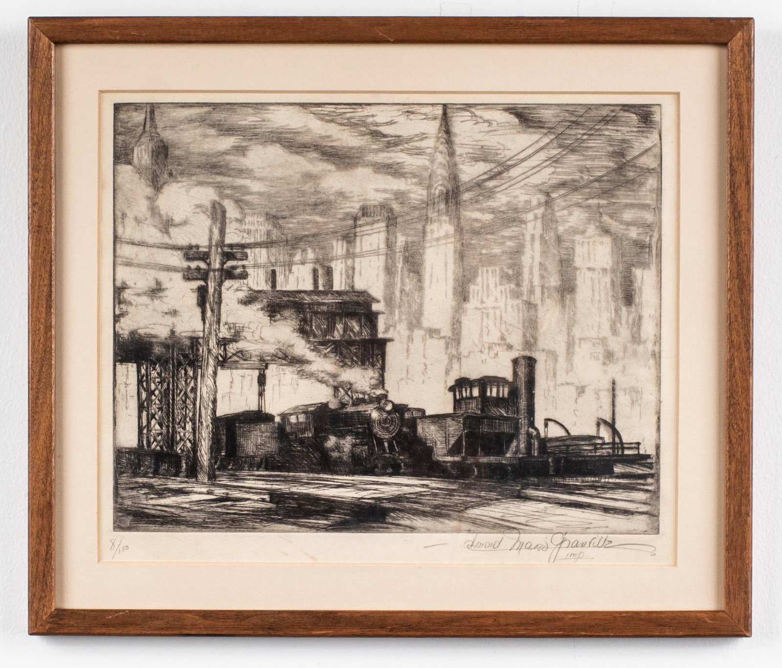 Edmond Mario Granville "New York City" Etching: Edmond Mario Granville (American, 1905 - 1969) "New York City," etching, depicting railway station with Manhattan cityscape in the background, bearing signature lower right, editioned "8 / 100" lower 