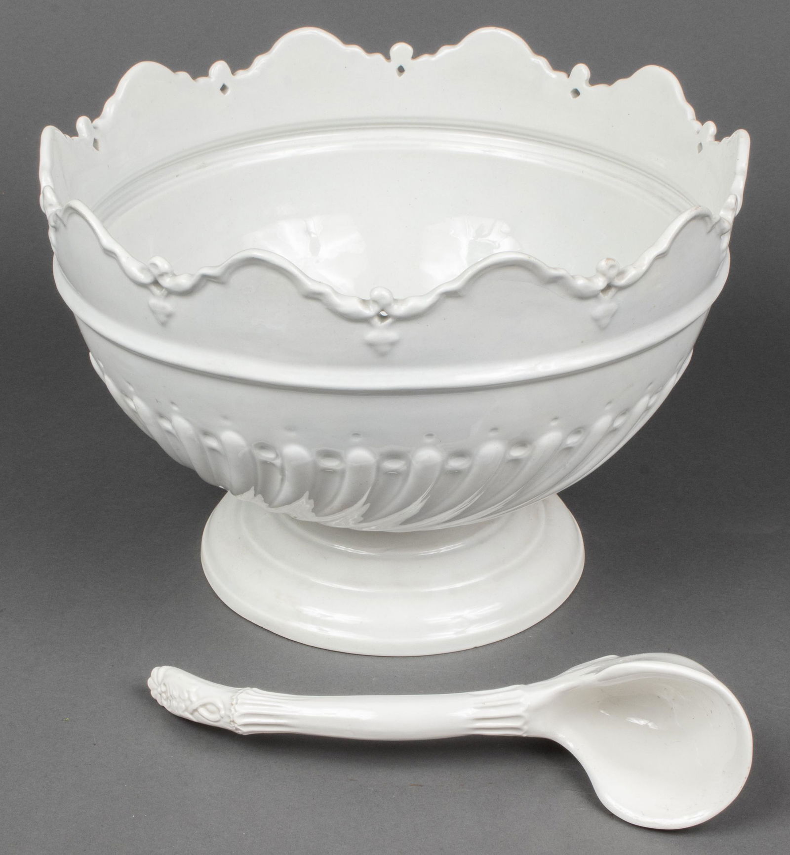 Italian White Glazed Ceramic Punch Bowl & Ladle (1 of 11)