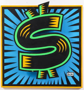 Burton Morris Big Money "Dollar Sign" 3D Pop Art: Burton Morris (American, b. 1964) acrylic on wood three-dimensional Pop Art "Dollar Sign," monogrammed lower right and signed and titled on reverse. 24" H x 24" W x 4" D.