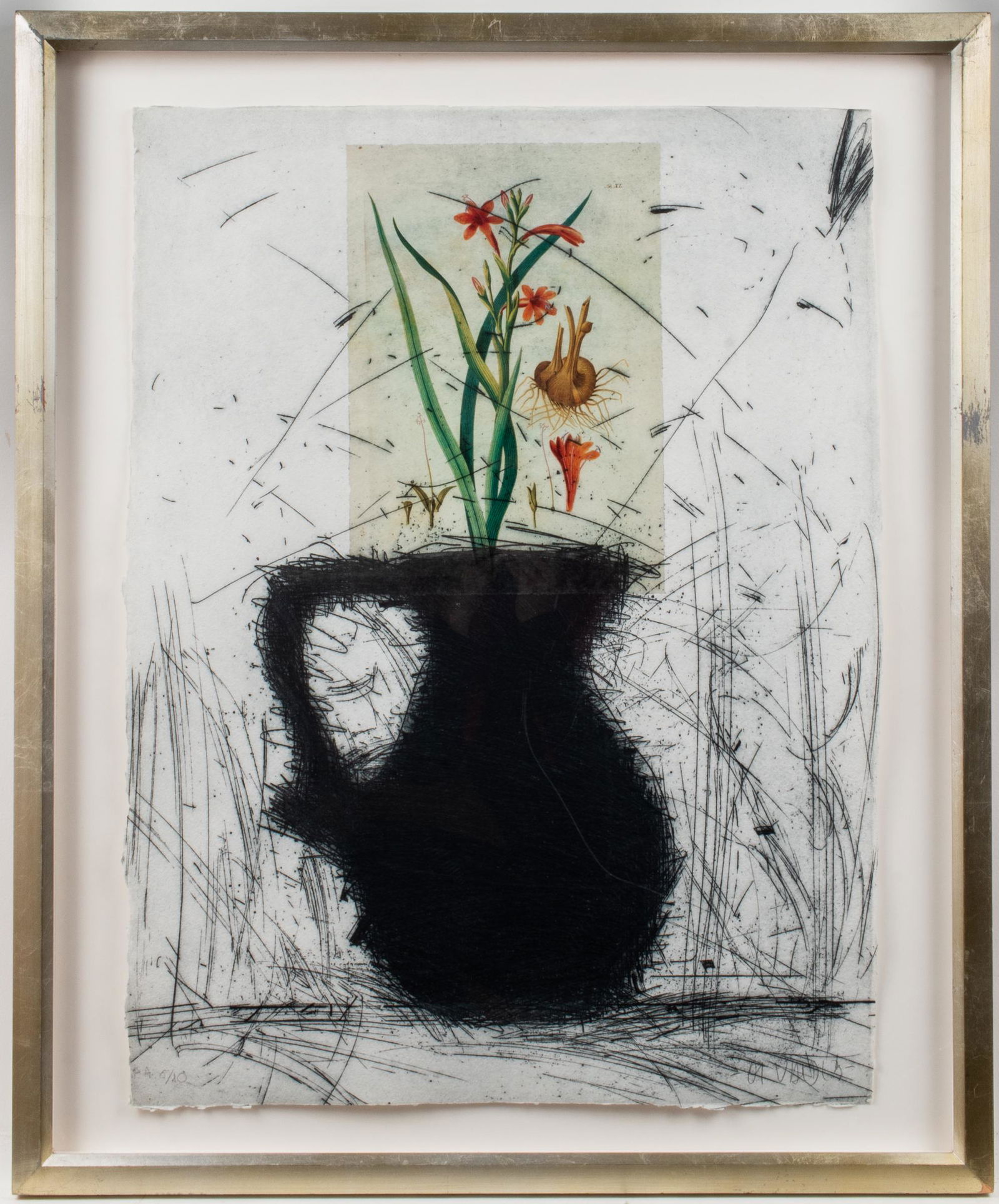 Manolo Valdes "Flores III" Etching, 1994: Manolo Valdes (Spanish, b. 1942) "Flores III," etching with unique collage, 1994, depicting silhouette of vase at center with collage botanical print above, signed in pencil lower right, artist's proo