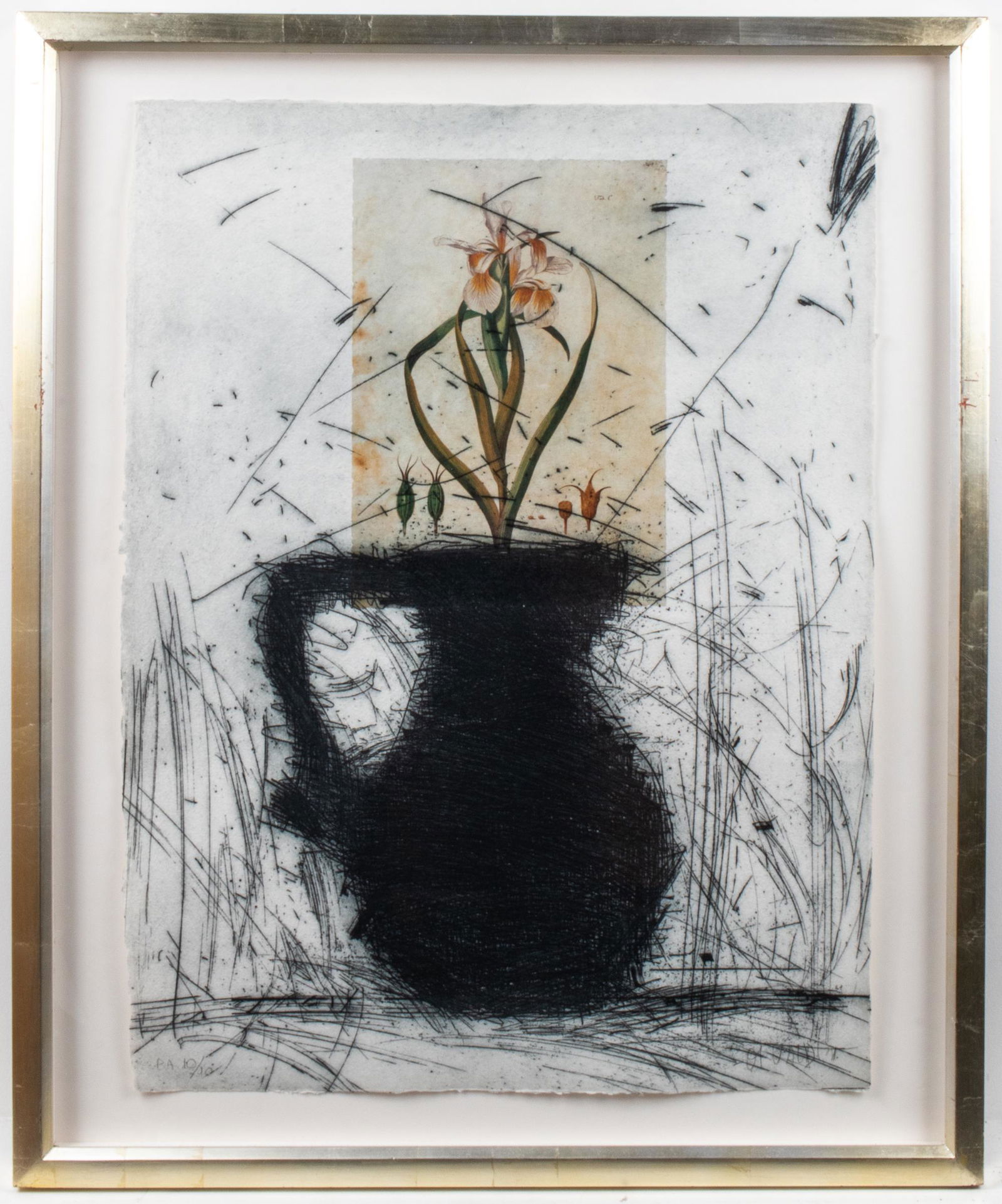 Manolo Valdes "Flores III" Etching, 1994: Manolo Valdes (Spanish, b. 1942) "Flores III," etching with unique collage, 1994, depicting silhouette of vase at center with collage botanical print above, signed in pencil lower right, artist's proo