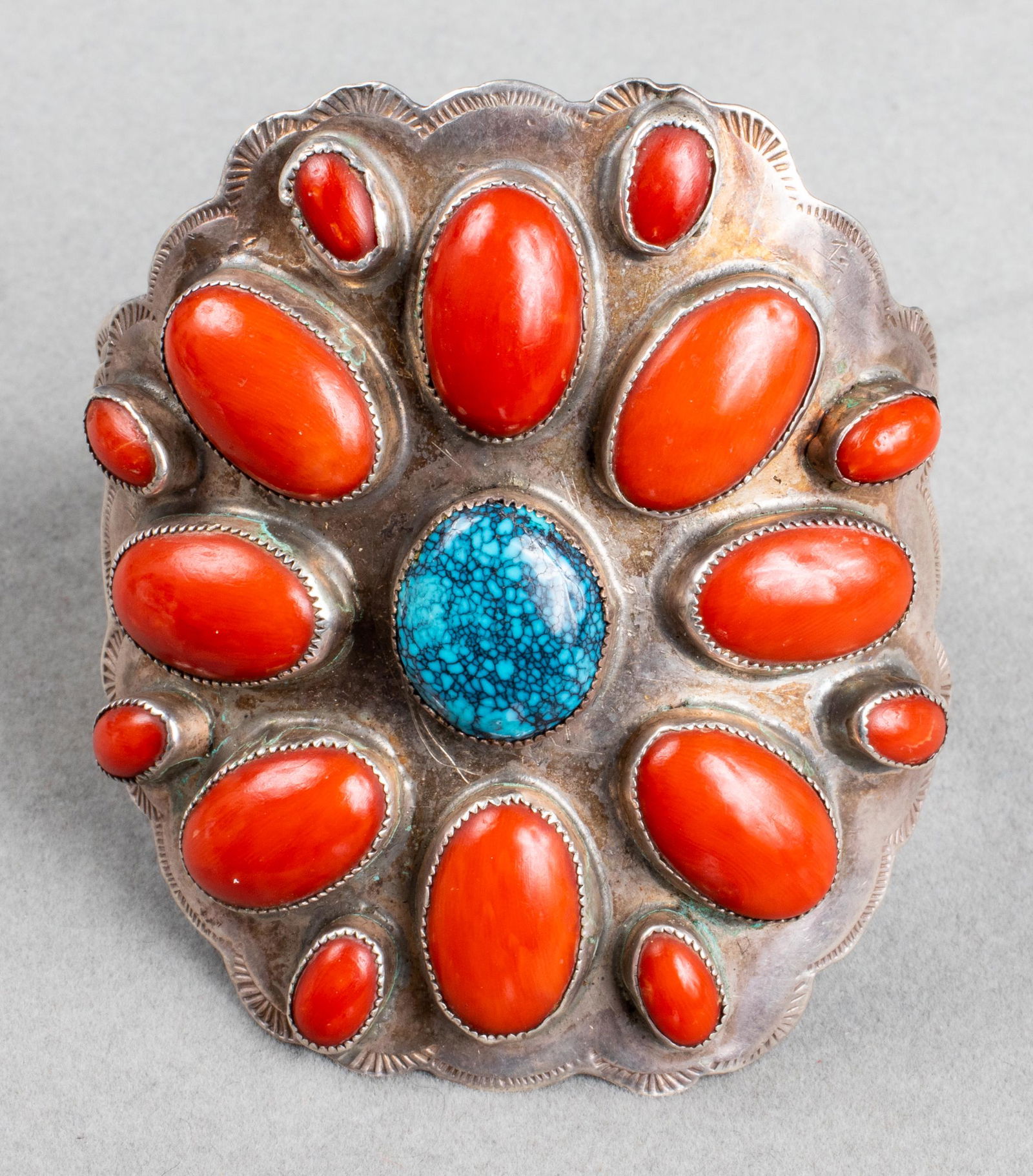 Navajo Silver Coral & Turquoise Wide Cuff Bangle (1 of 9)