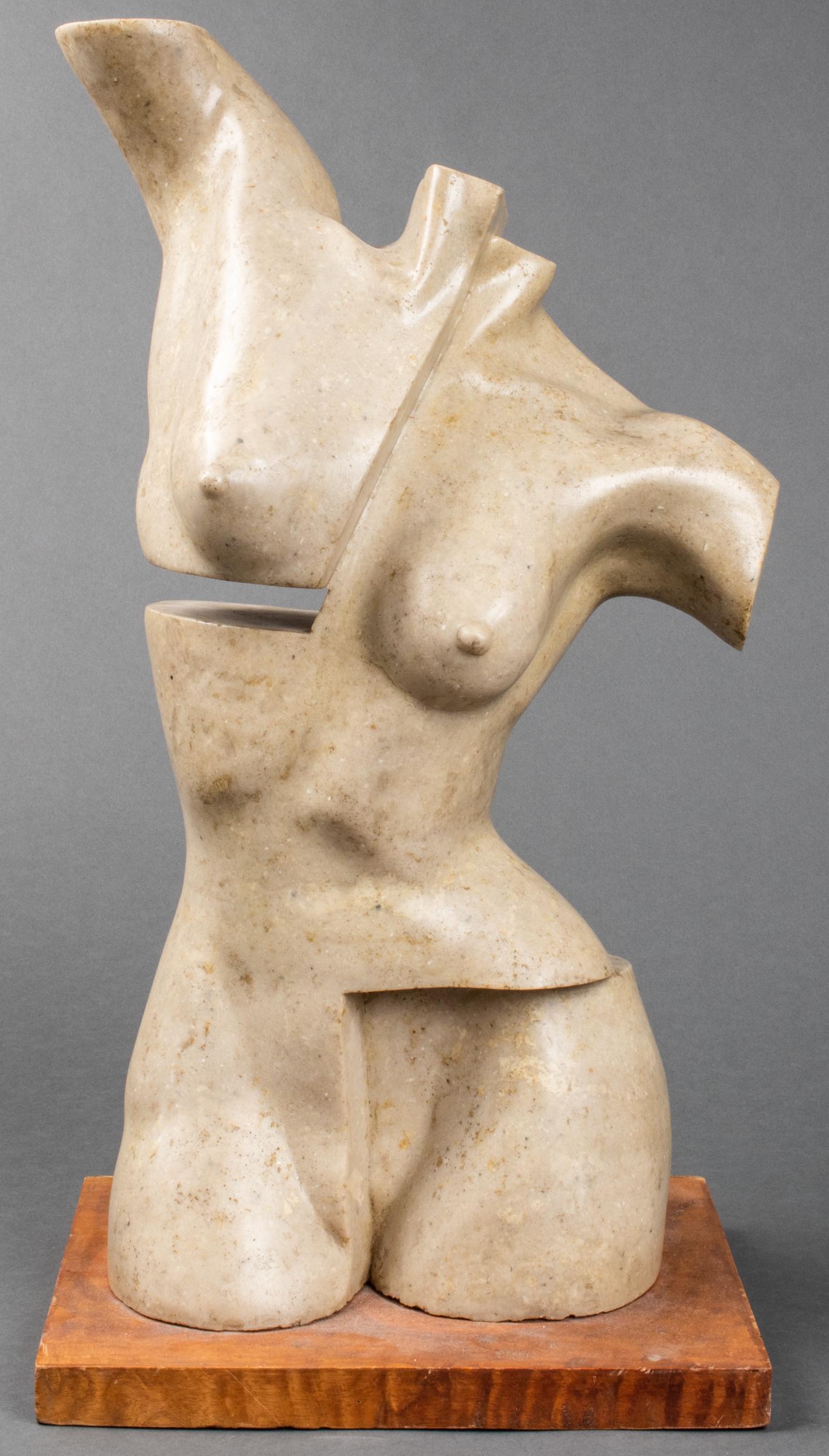 Guillermo Perdomo "Torso" Carved Marble Sculpture: Guillermo Perdomo modern carved marble sculpture, depicting the torso of a female nude with Cubist style slices and cutouts, signed and numbered at side: "Perdomo 1 / 3," mounted to square wood block 