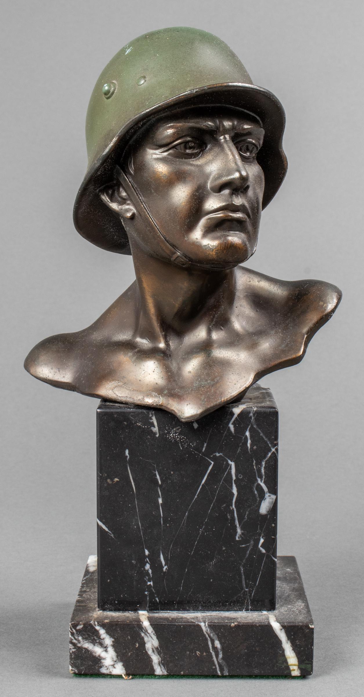 Cast Metal Soldier in Helmet Sculpture Marble Base (1 of 6)