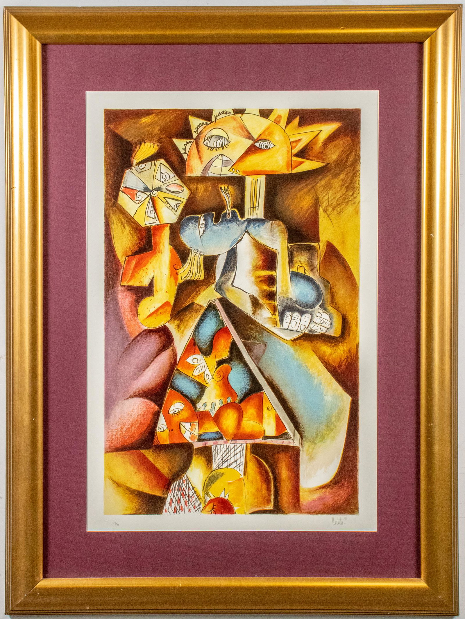 Alexandra Nechita "Kaleidoscope" Cubist Lithograph: Alexandra Nechita (Romanian-American, b. 1985) lithograph depicting figures in the Cubist manner, bearing signature and date "Nechita 97" lower right, editioned "175 / 199" lower left. Image: 33.5" H 