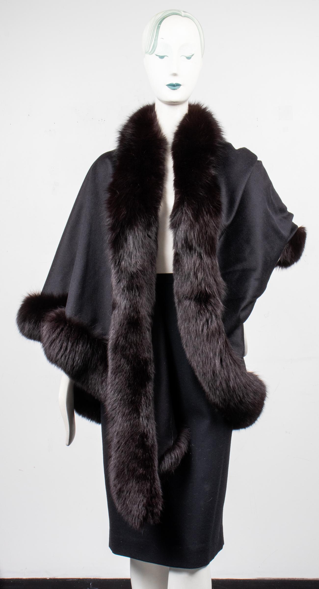 J Mendel Black Fox Fur Trimmed One Arm Shawl (1 of 6)