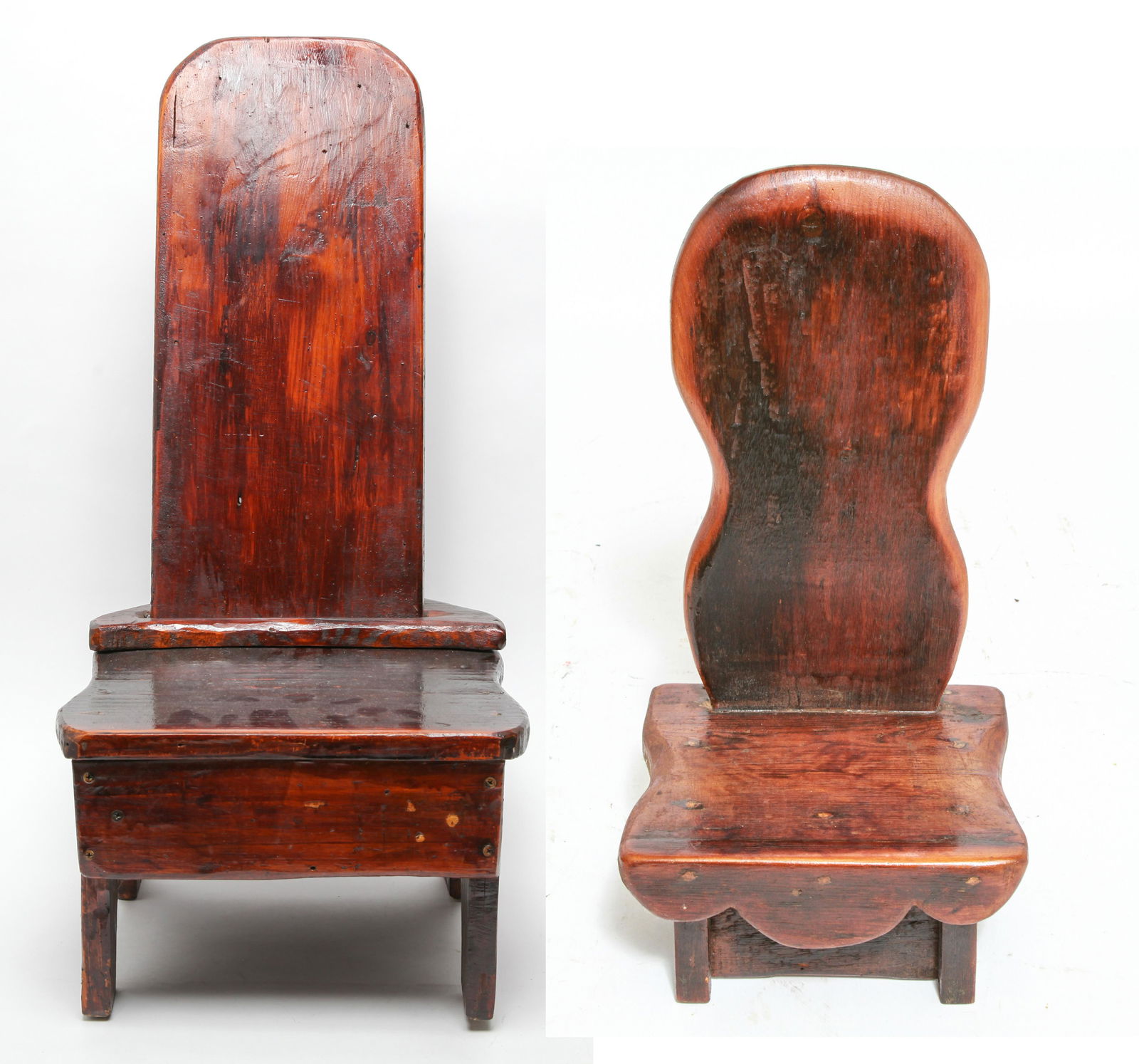 Continental Low Pine Wood Stools w High Backs, 2 (1 of 9)