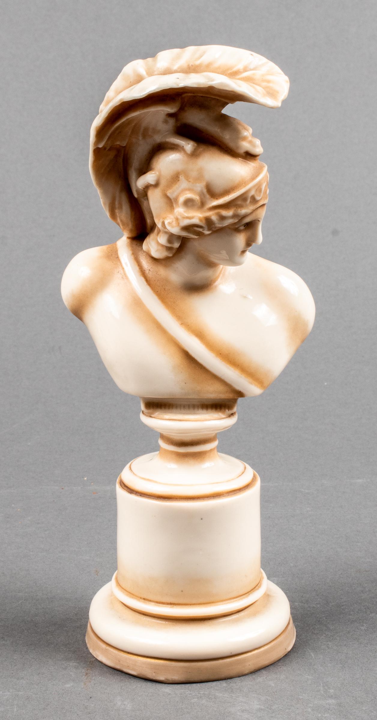 German Royal Rudolstadt Porcelain Bust on Base: German Royal Rudolstadt bust of Roman soldier on pedestal, marked to the underside" "RW." 6.75" H x 3" W x 2" D. Chip to plume on head piece noted.