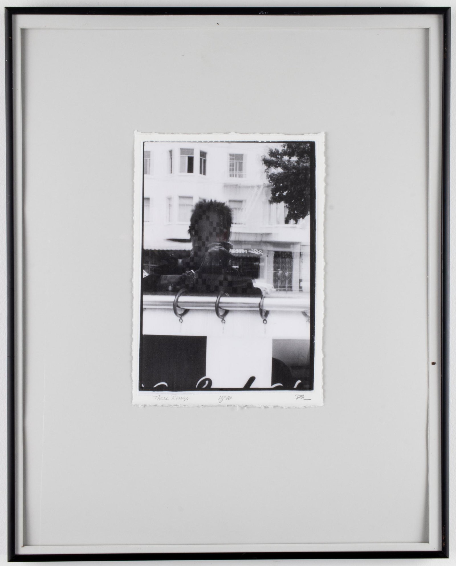 Paula Hendricks "Three Rings" Gelatin Silver Photo: Paula Hendricks (XX), "Three Rings," 1995, gelatin silver photograph print on linen, depicting self-portrait in shop window, bearing initials "PH" lower right, title "Three Rings" lower left, edition 