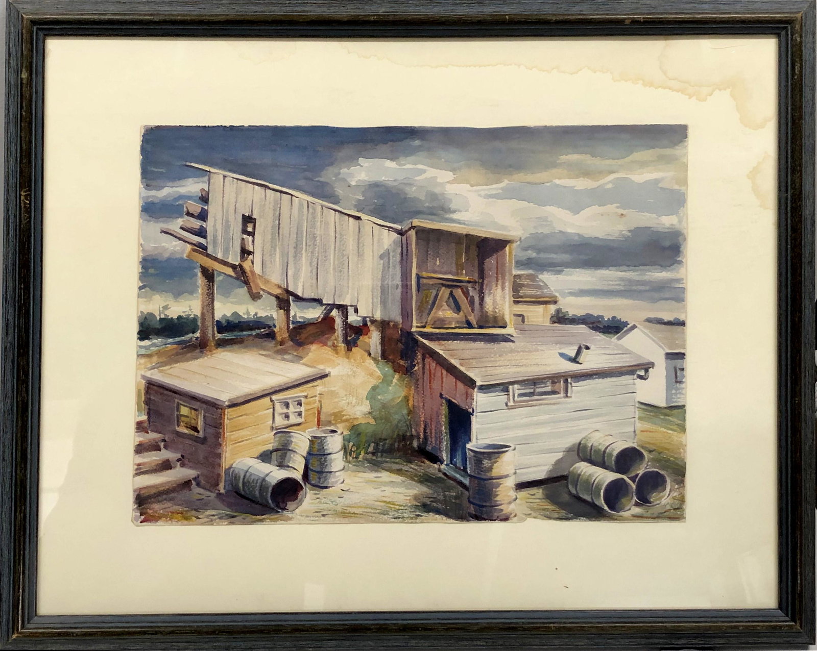 WPA-Era American Regionalism Watercolor on Paper: WPA era American regionalism watercolor on paper depicting rural industrialist scene, unsigned. Image: 11" H x 14.75" W; frame: 17.75" H x 21.75" W x 1" D. Minor foxing to image, tide lines to matting