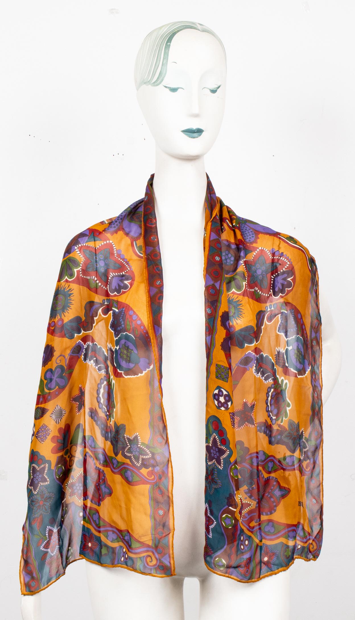 Missoni Floral Silk Chiffon Scarf: Missoni silk chiffon scarf in graphic retro floral pattern, signed "Missoni." 60" L x 17" D.
