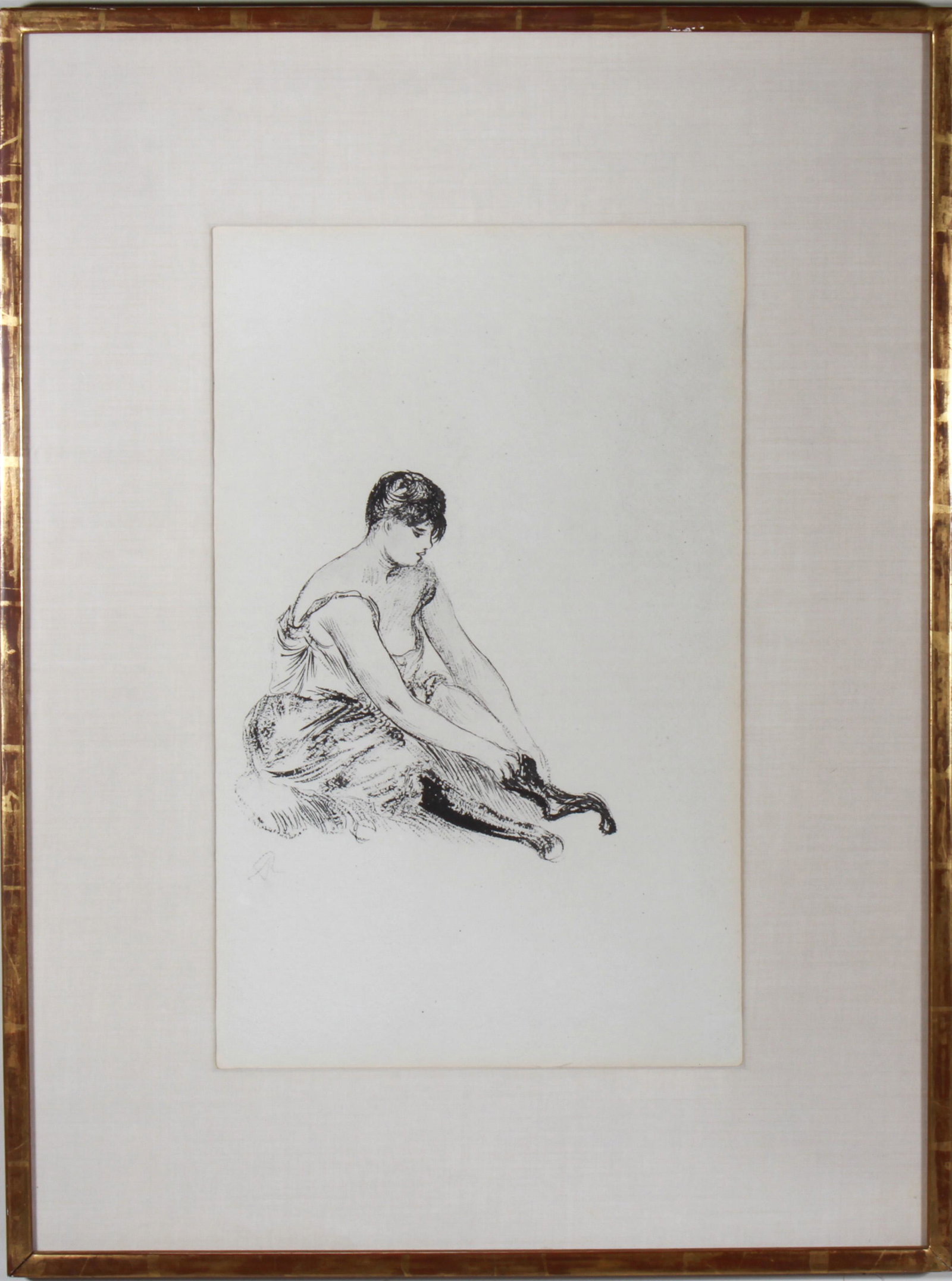 Renoir Manner Stockings Lithograph: Manner of Pierre Auguste Renoir (French, 1841-1919) "Seated female figure putting on stockings," initial signed lower left, lithograph on watermarked paper. Image: 18.5" H x 11.75" D; frame: 28" H x 2