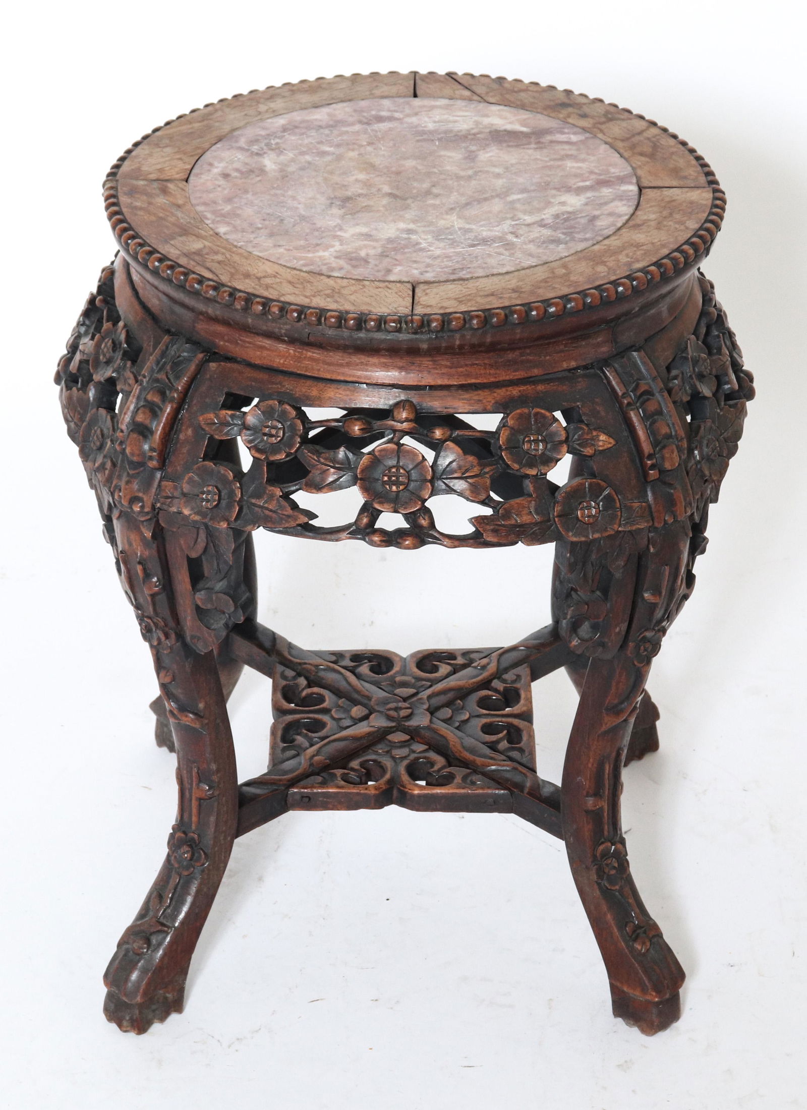 Asian Carved Hardwood & Marble Inlay Side Table (1 of 6)