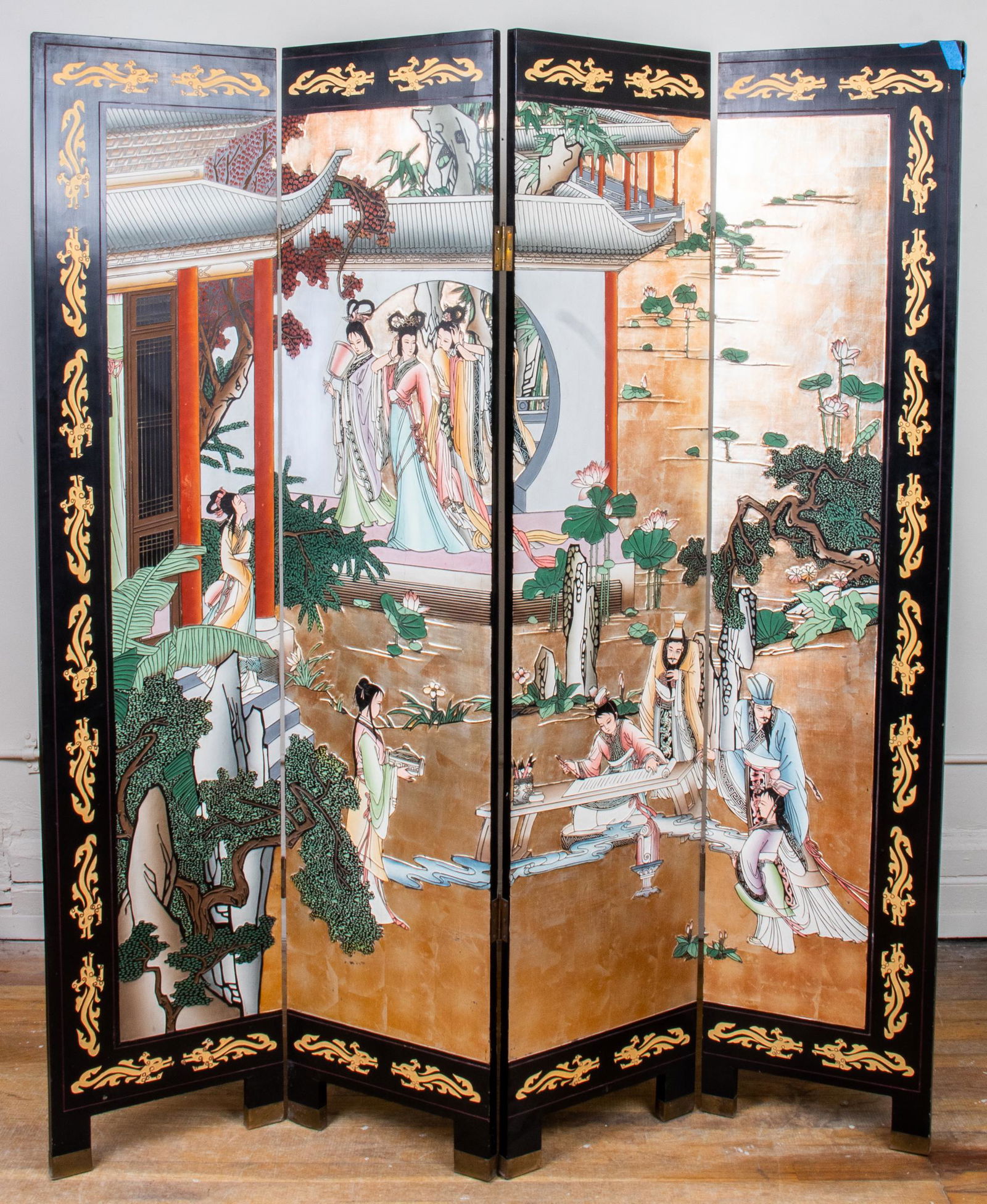 Asian Polychrome Lacquer Four Panel Screen (1 of 5)