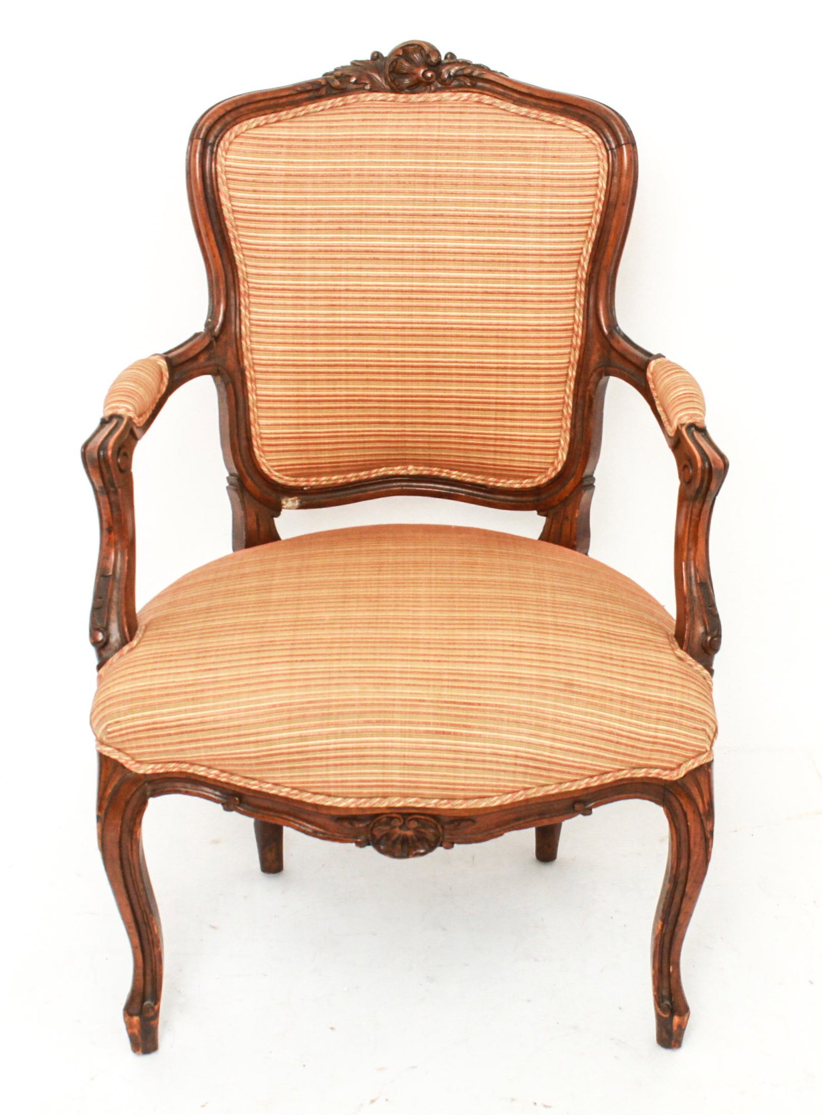 Louis XV Style Fauteuil Arm Chair: Louis XV style fauteuil / armchair with carved walnut frame. 36.5" H x 25.5" W x 21.5" D.