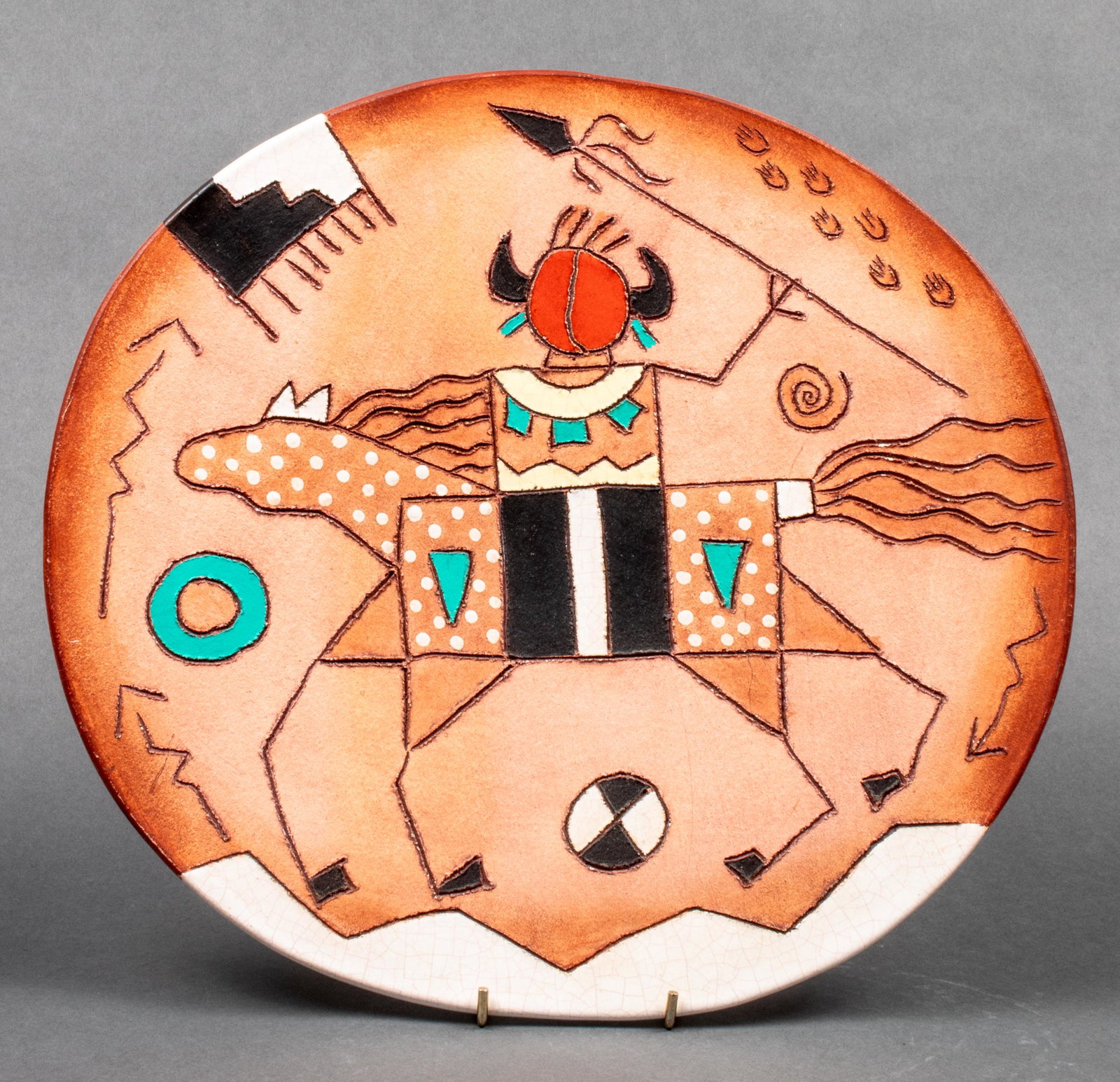 Red Horse Clay Southwest Pottery Charger: Red Horse Clay Southwestern Native American motif terracotta art pottery charger mounted for wall hanging, depicting stylized horse and rider design with turquoise and carnelian glaze accents, signed 