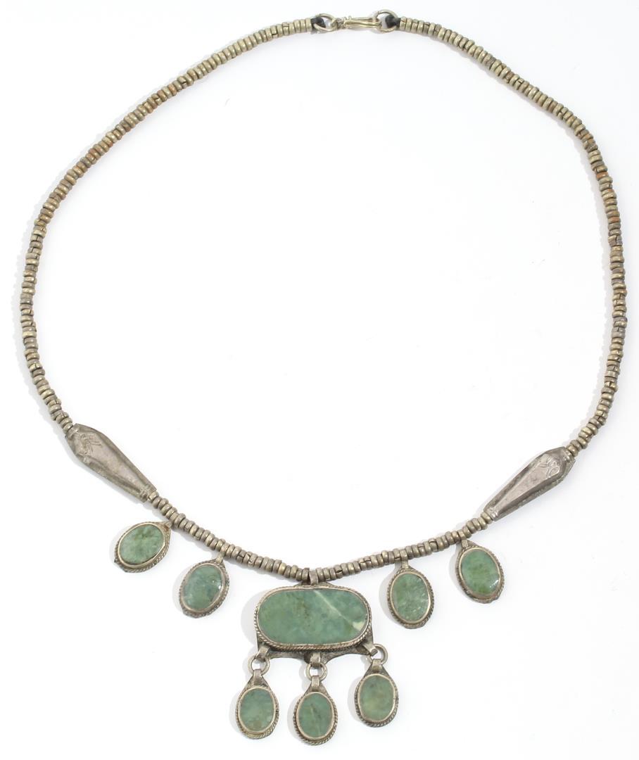 Mughal Style Metal & Green Stone Necklace: Jewelry, with eight pendants. 20" L.