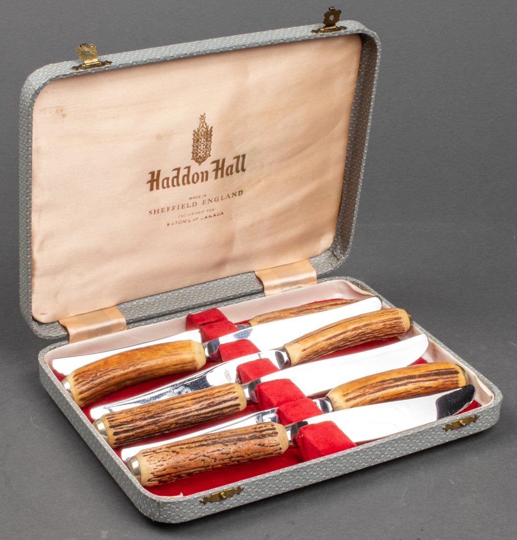 English Haddon Hall Antler Handle Steak Knives, 6 (1 of 5)