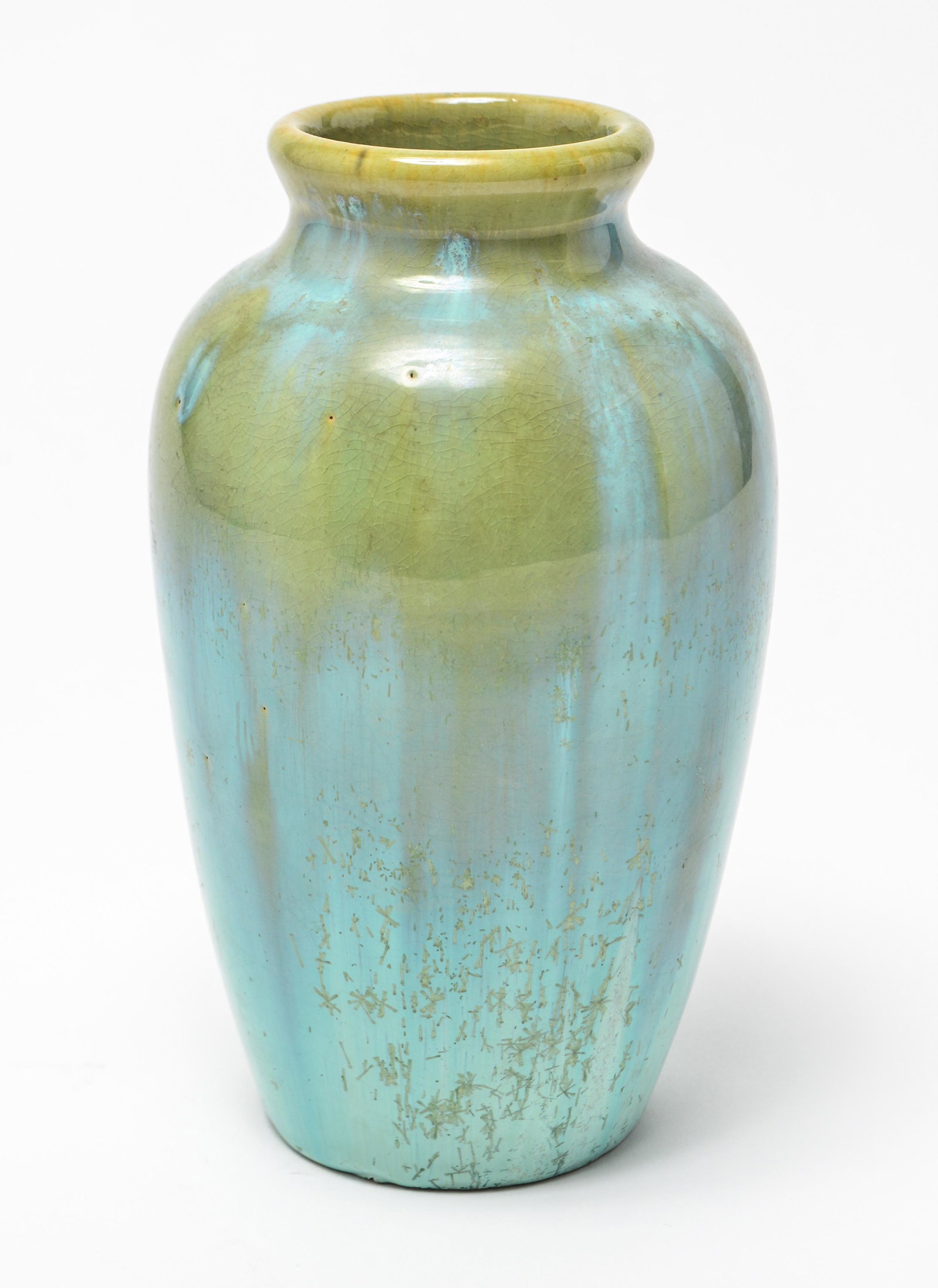 Fulper Pottery Vase w Cucumber Crystalline Glaze: Fulper American art pottery baluster vase with blue green cucumber glaze, underside illegibly marked. 8" H x 4.5" W.