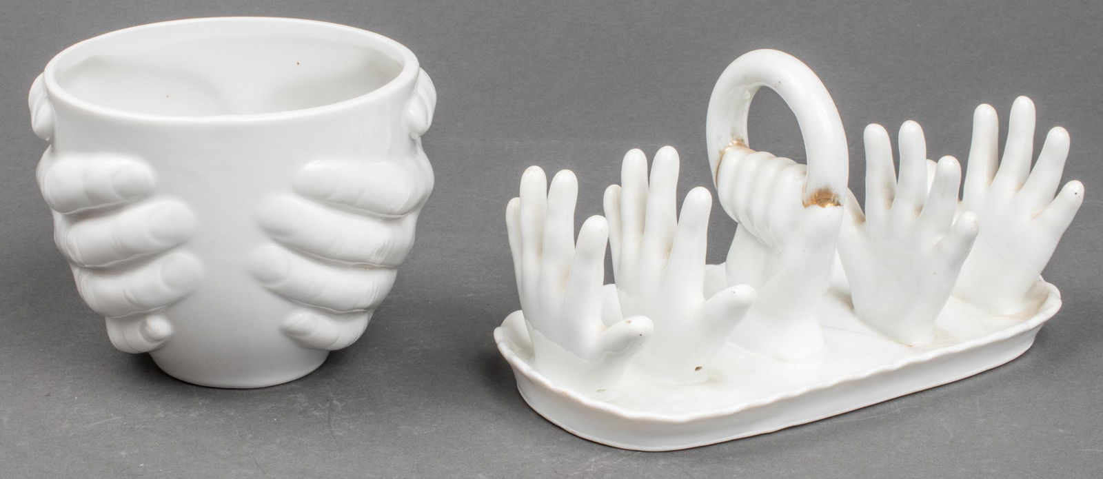 Italian Sigma Porcelain Bowl & Ring Holder, 2: Italian Sigma porcelain vessel featuring a hand motif and a ring tray comprised of raised hands. Sigma vessel is stamped to underside and measures 3.75" H x 4.25 diameter, ring tray is 4.25" H x 7.25"