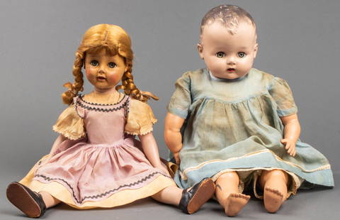 Cloth Body Dolls, Vintage, 2: Two vintage cloth bodied dolls. The baby doll has rubber limbs, composite face and wears a dress, 21" H x approx. 12" W, the little girl doll has braided hair composite limbs and rubber face, she wear