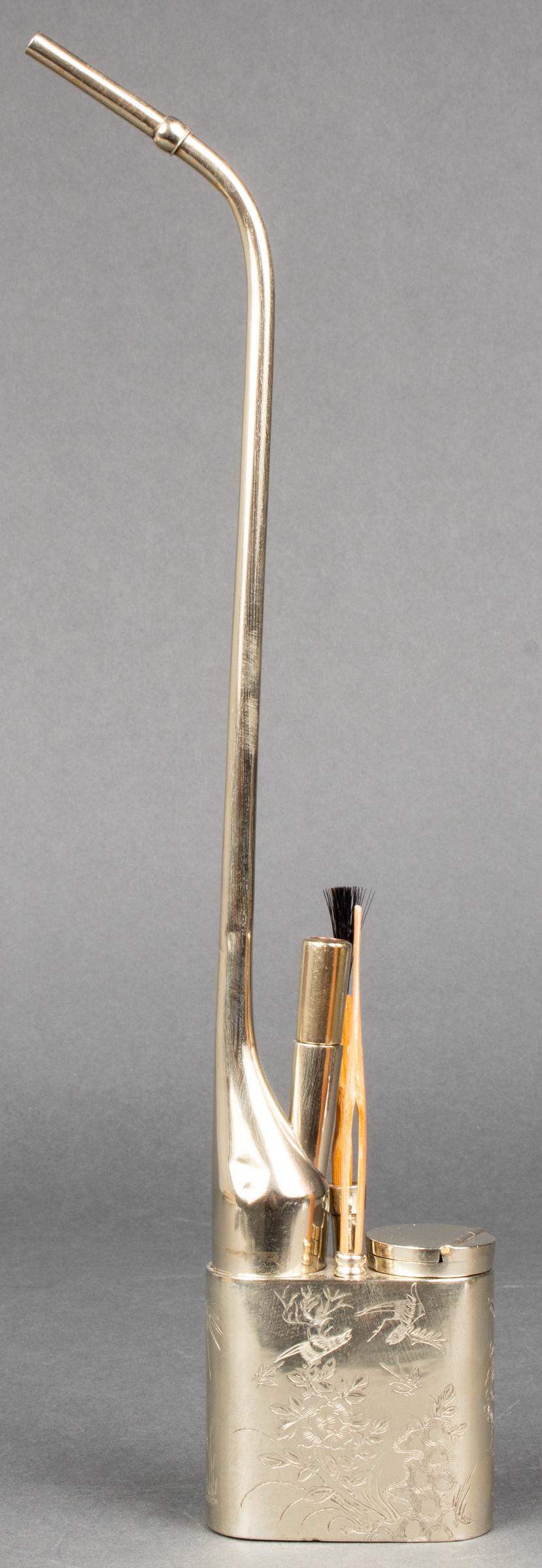 Chinese Paktong Engraved Water Pipe: Chinese paktong water / opium pipe, early 20th century, with engraved decoration. 15.75" H; base: 3" L x 1.25" D.