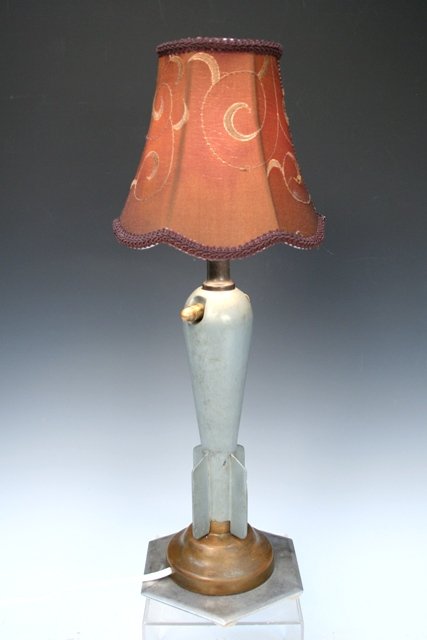 Militaria Trench-Art Table Lamp WWI Mortar Shell: Trench-Art table lamp made from a World-War-I era mortar shell and a rifle bullet, probably American c early to mid twentieth century. Bulb included. Dimensions: 17"H x 5-1/4" diameter