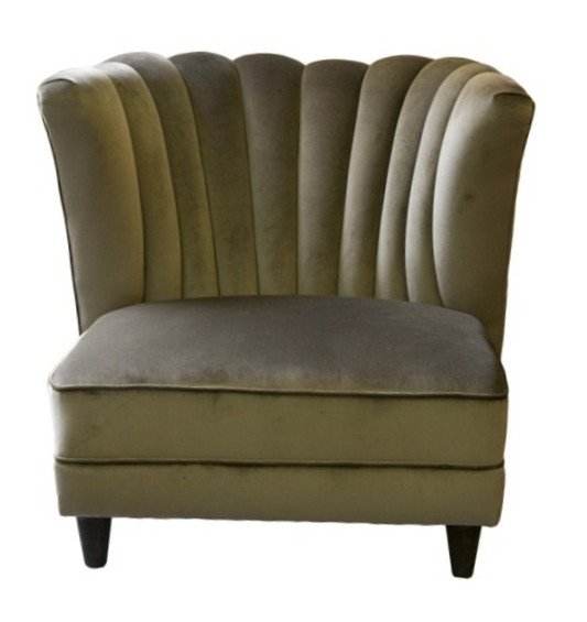 Pair of James Mont Channel-Back Chairs: Pair of gray channel-back chairs with upholstery attributed to American designer James Mont (1904-1978), mid twentieth century. Dimensions: each 29-1/2"H x 30-1/2"W x 34-1/2"D