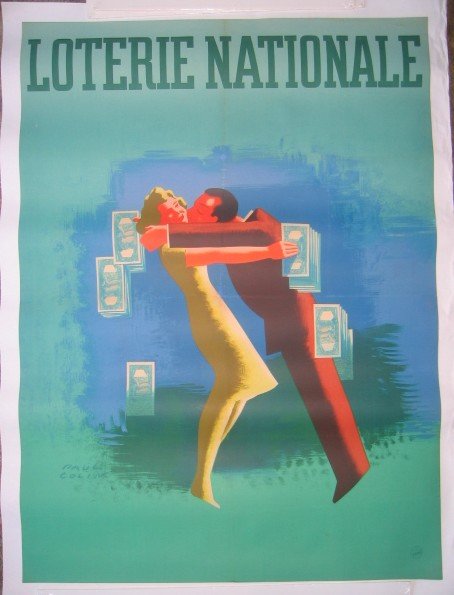 Rare Paul Colin Loterie Nationale Poster 1948: Rarely seen 1948 original "Loterie Nationale", or National Lottery, poster by French poster artist Paul Colin; mounted on linen.Dimensions: Image area, 63"H x 47"W; with linen margins, approximately 6