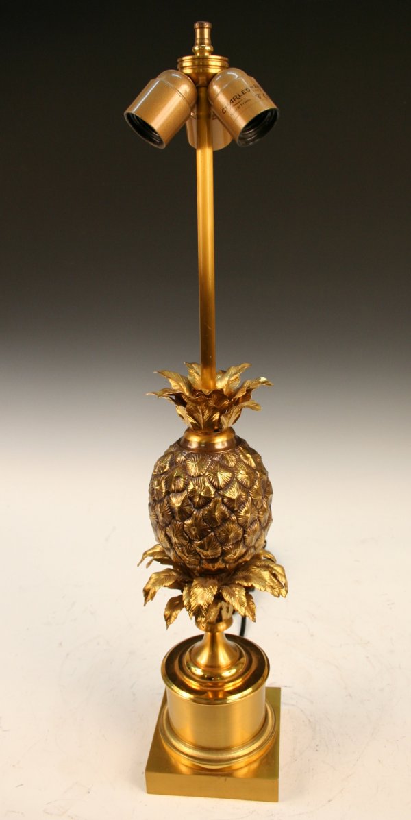 Maison Charles Gilded Bronze Lamp c. 1960: Maison Charles gilded bronze lamp with pineapple motif. French 1960s; untested with original cord. Please note bulbs and shade not included. Dimensions: 27"H x 5"diameter Weight: 10 lbs. Please contac